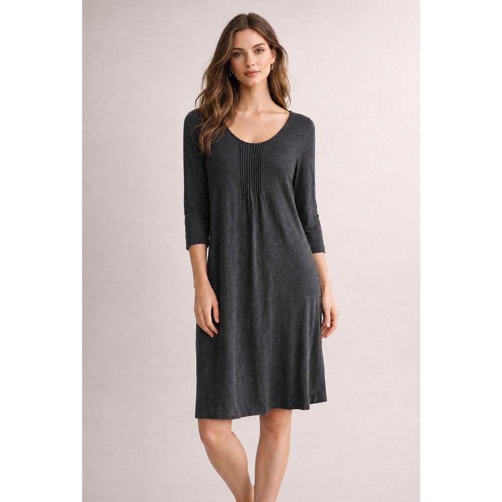 Eileen Fisher Pintuck Shift Dress Women M Dark Grey Stretch 3/4 Sleeve Lagenlook